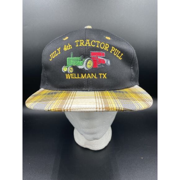 Vtg Plaid Hat Trucker Snapback Cap Nissin Tractor Pull Yellow Embroidered - Picture 1 of 7